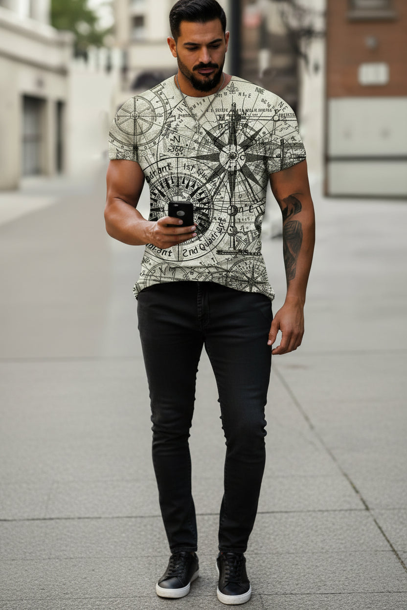 Men’s 3D Compass Graphic T-Shirt – Slim Fit Summer Tee | Short Sleeve Athletic Casual Shirt CJ Dropshipping World Map Compass T-Shirt