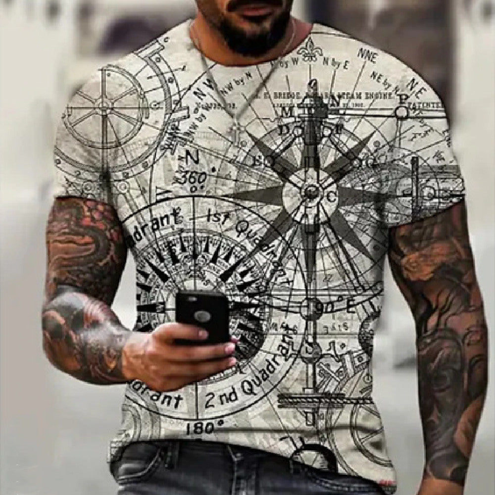 Men’s 3D Compass Graphic T-Shirt – Slim Fit Summer Tee | Short Sleeve Athletic Casual Shirt JY230709020 CJ Dropshipping World Map Compass T-Shirt
