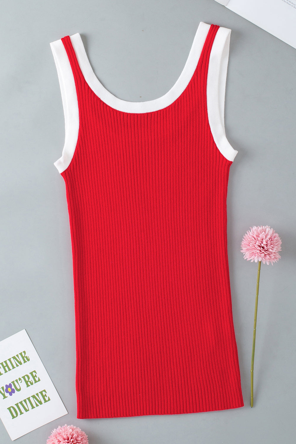 Red Colorblock Edge Ribbed Knit U Neck Tank Top