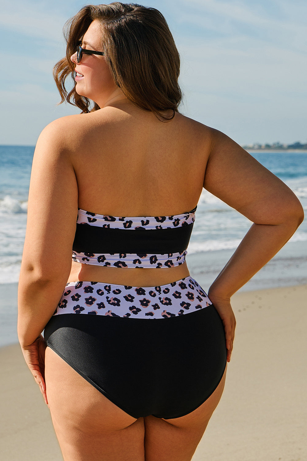 Black 2pcs Leopard Edge Plus Size High Waisted Swimsuit