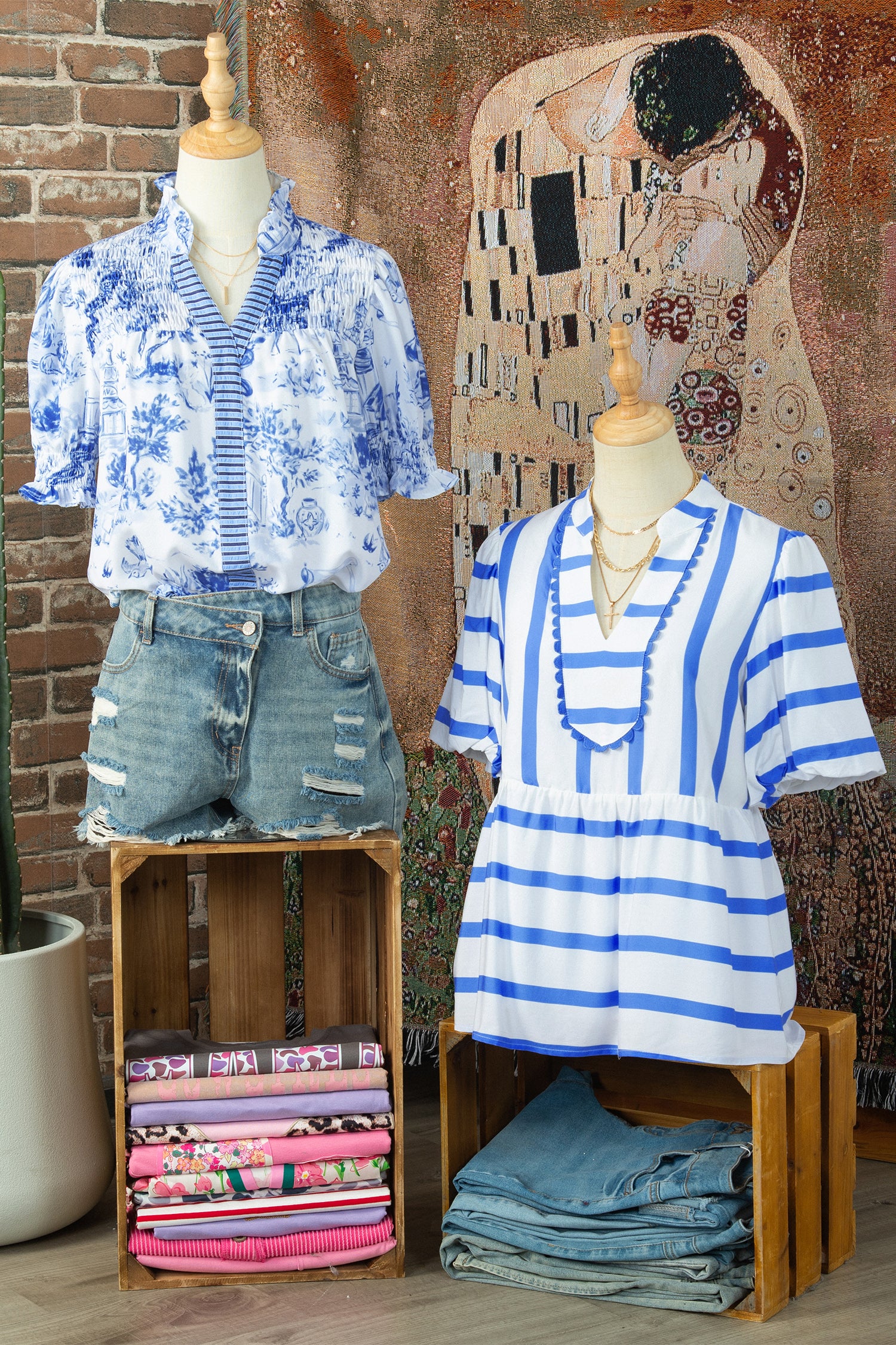 Blue Toile Print Smocked Puff Sleeve Blouse Dear-Lover Dropshipping Tops/Blouses & Shirts