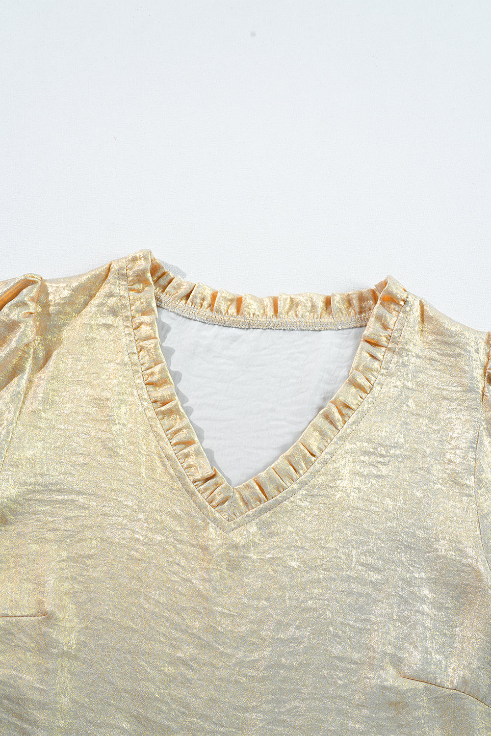 Gold Metallic V Neck Long Puff Sleeve Blouse