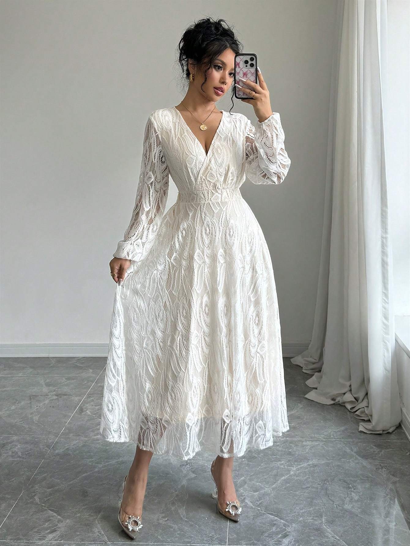 Elegant Long Sleeve V-Neck Lace Peplum Dress