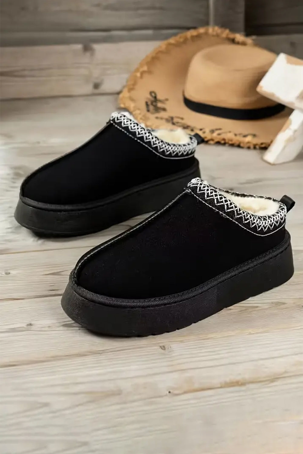 Suede Fur Trim Thick Flat Slippers