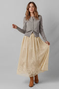 Embroidered Mesh Overlay Midi Skirt – Flowy Lace Lined Elegant Skirt Oatmeal Bazarre Mart Vintage Lace Midi Skirt