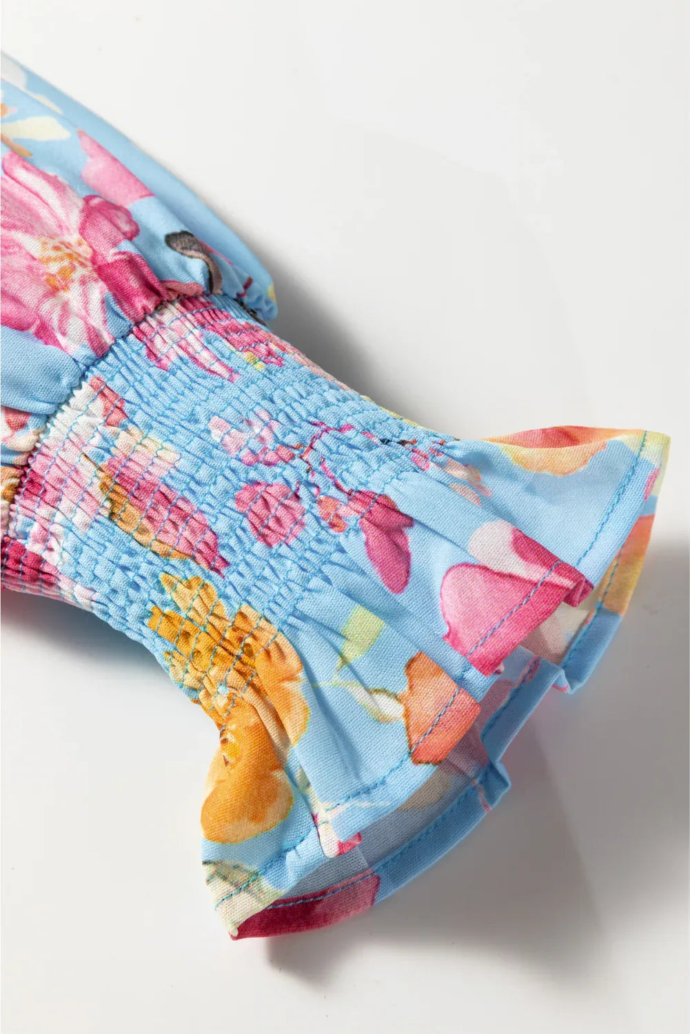 Blue Floral Smocked Cuff Long Flounce Sleeve V Neck Blouse - Bazaare Mart