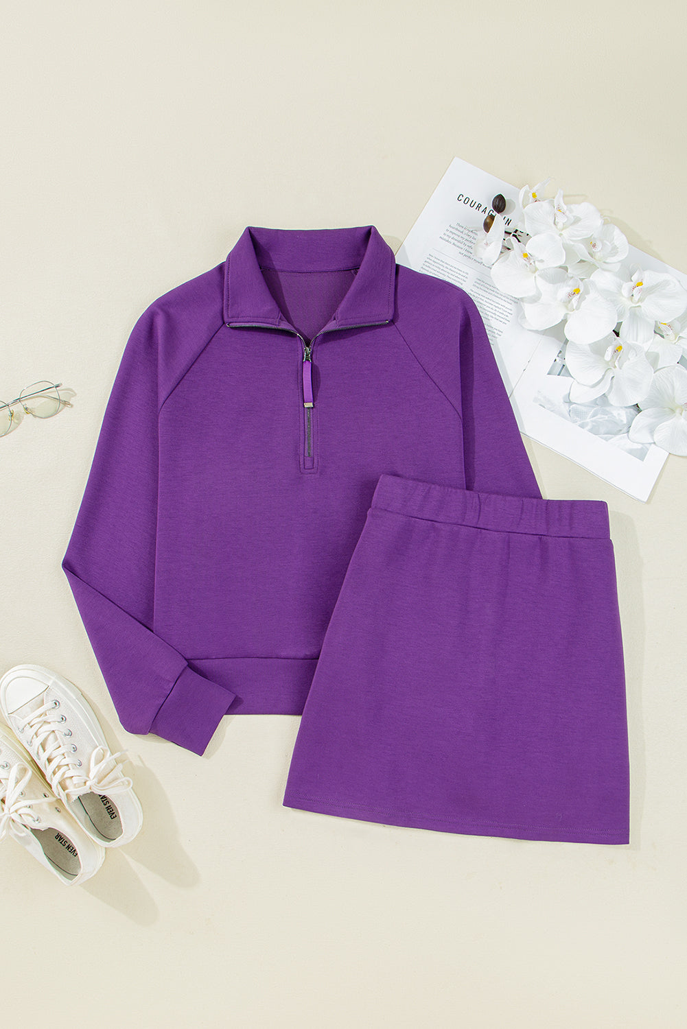 Wisteria Half Zip Sporty Pullover and Mini Skirt 2pc Outfit
