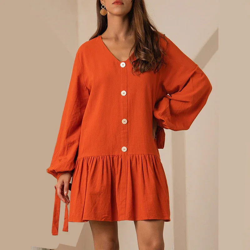 Orange V Neck Puff Sleeve Ruffle Mini Dress Orange Bazaare Mart Long Sleeve Mini Dress