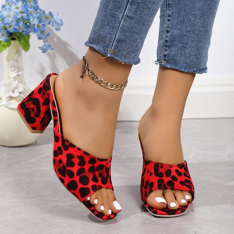 Leopard Square Toe Chunky Heel Sandals