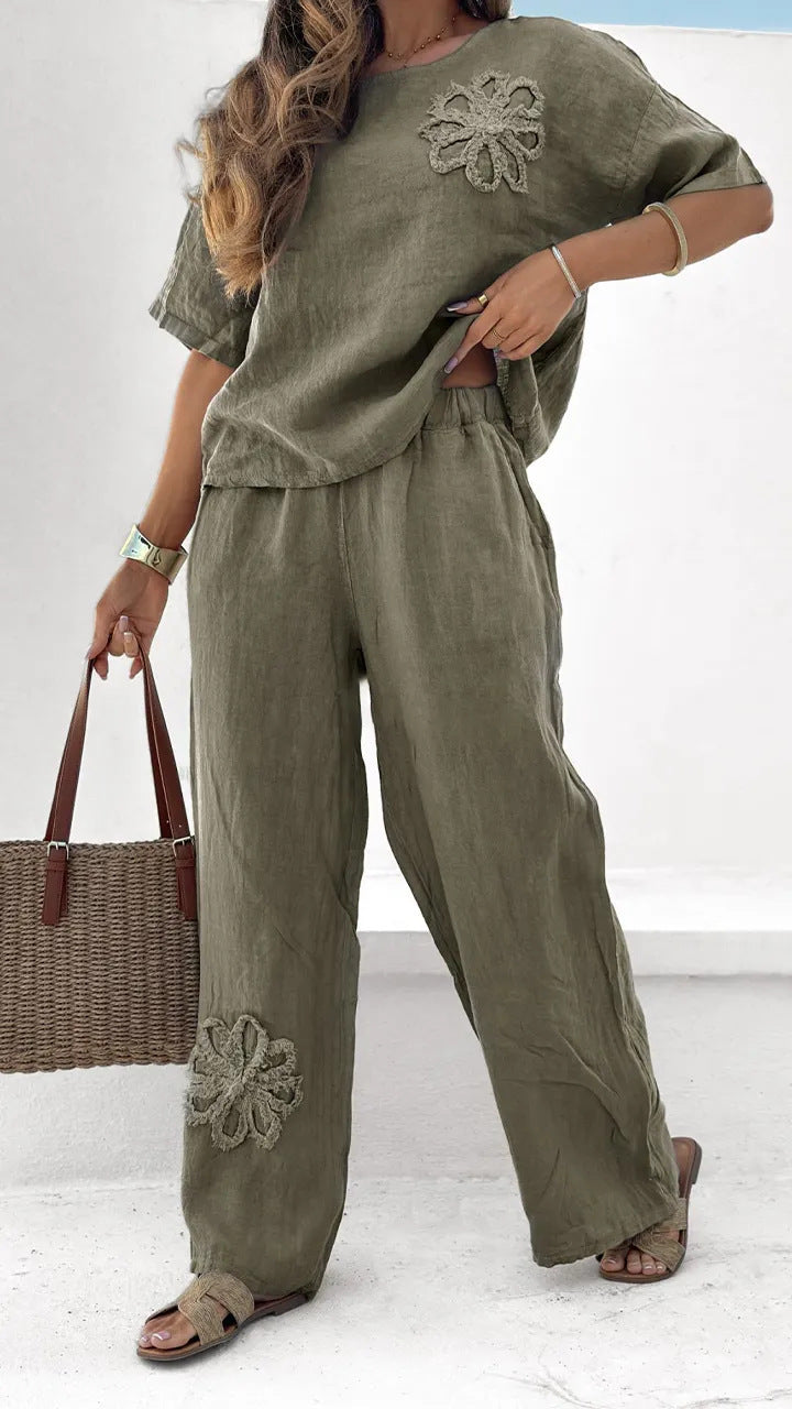 Embroidered Flower 2-piece Pants Set
