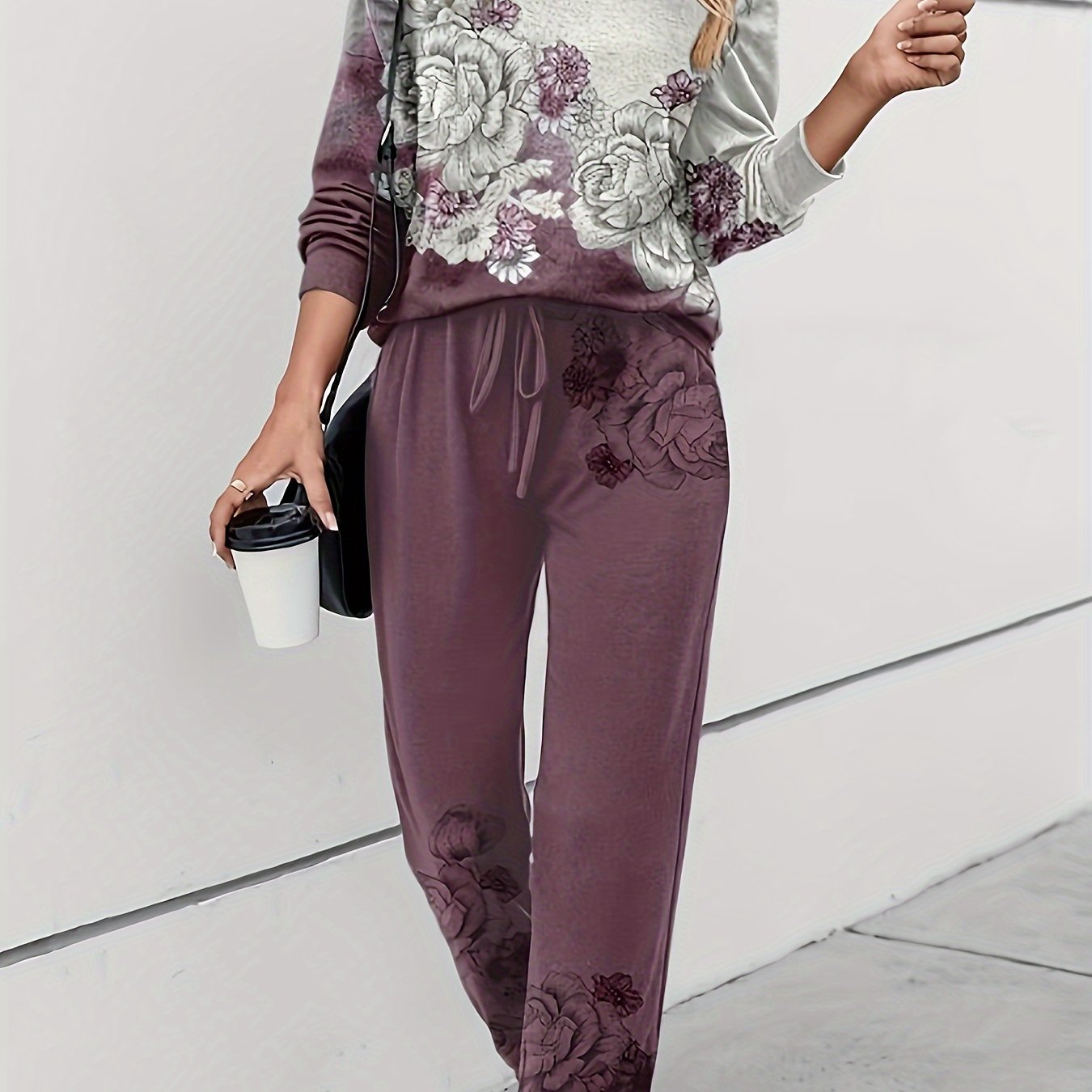 Plus Size Floral Print Casual Pants Set