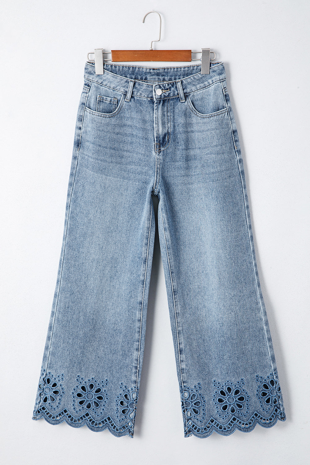 Light Blue Embroidered Wide Leg High Waist Scalloped Hem Jeans