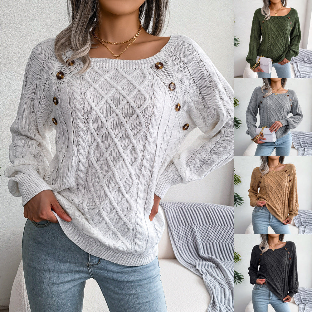 Boat Neck Button Embellished Twist Knit Sweater