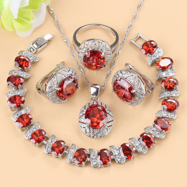 Gem-inlaid Pendant Earrings Necklace And Four-piece Ring Set Pack
