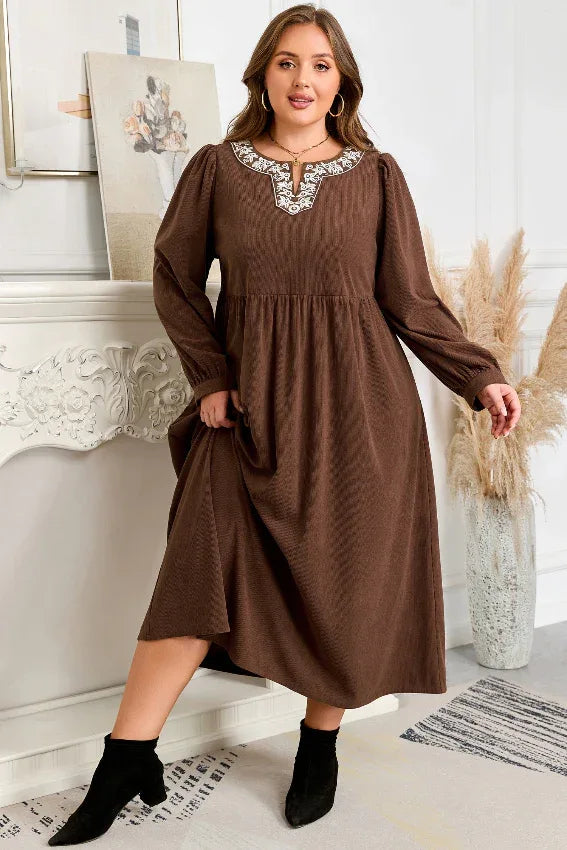 Coffee Embroidered Notched Neck Textured Midi Dress Bazaare Mart Plus Size/Plus Size Dresses/Plus Size Midi Dresses