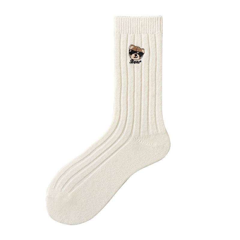 Women's Solid Color Embroidered Bear Socks