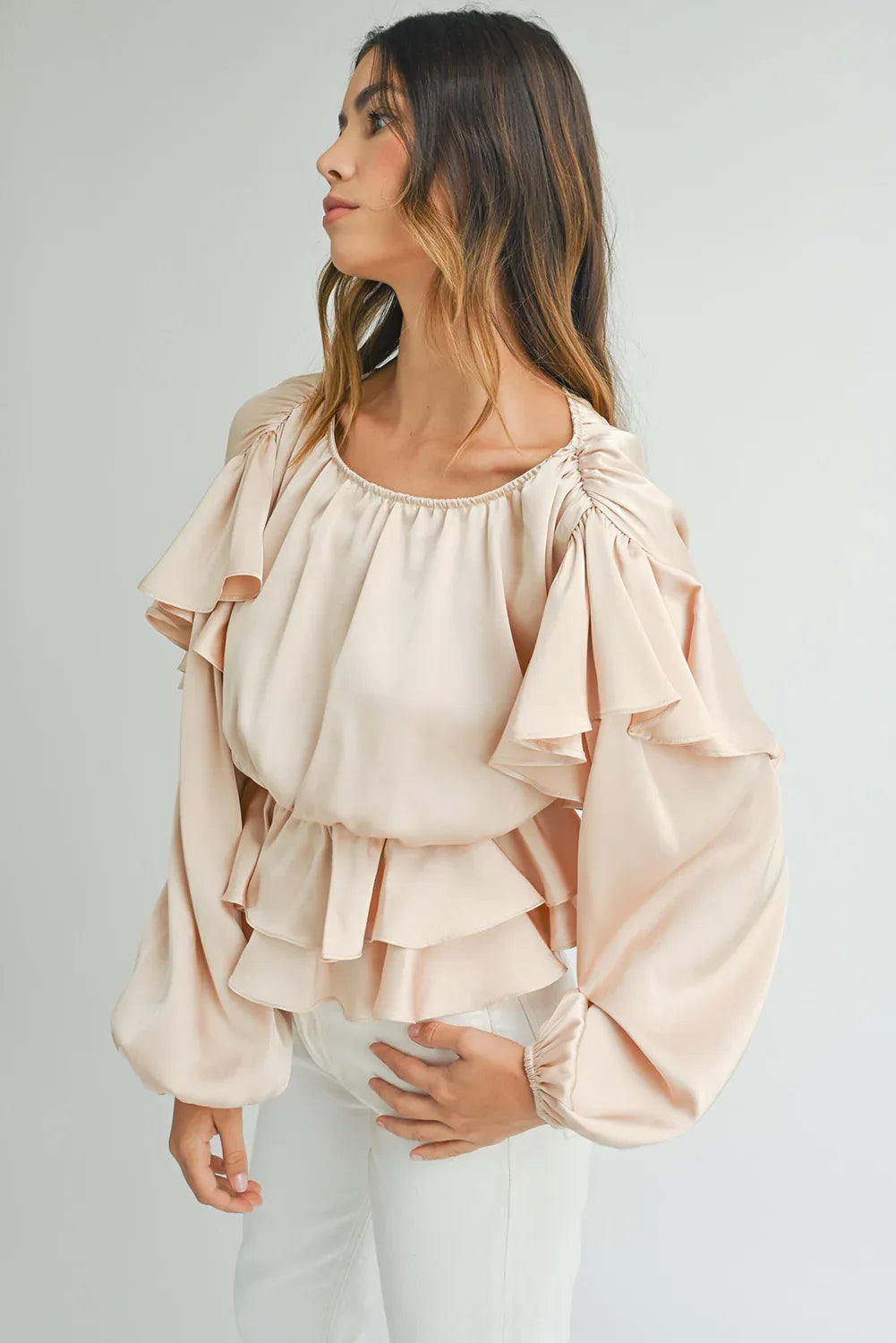 Oatmeal Ruffled Peplum Blouse Bazaare Mart Tops/Blouses & Shirts