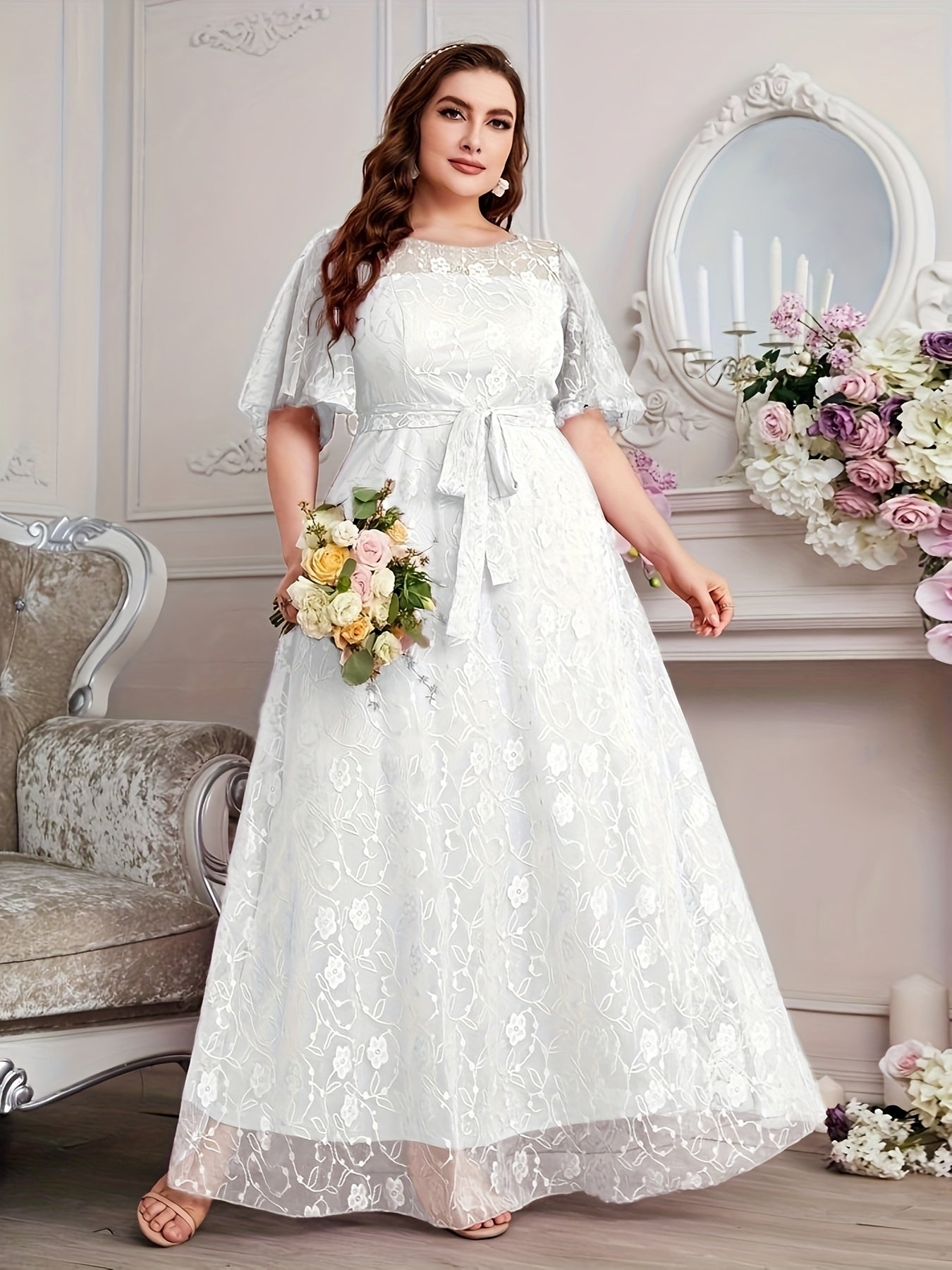 Elegant High Waist Lace Round Neck Half Flutter Sleeve Solid Color Formal Floor Length Dress
