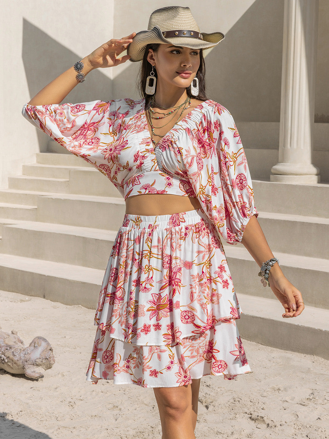 White & Red Floral Layered Skirt Set