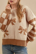 Straw Yellow Striped Checkered Sleeves Bow Print Knit Sweater Straw Yellow 65%Acrylic+35%Polyamide Shewin Sweaters