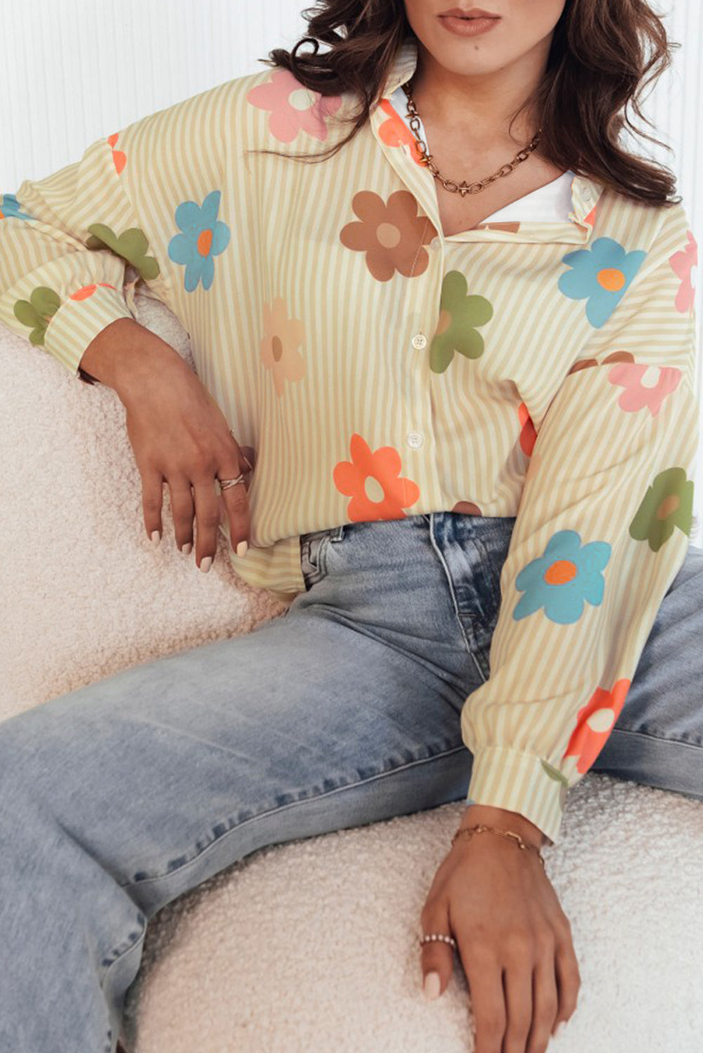 Apricot Stripe Flower Print Collarless Button-up Loose Fit Shirt