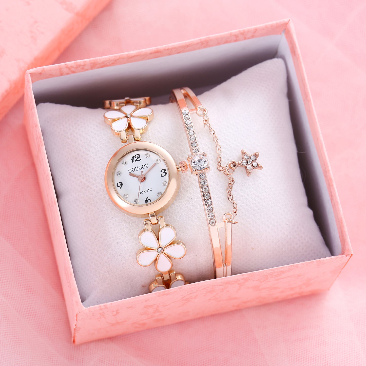 Ladies Flower Quartz Watch Bracelet Set