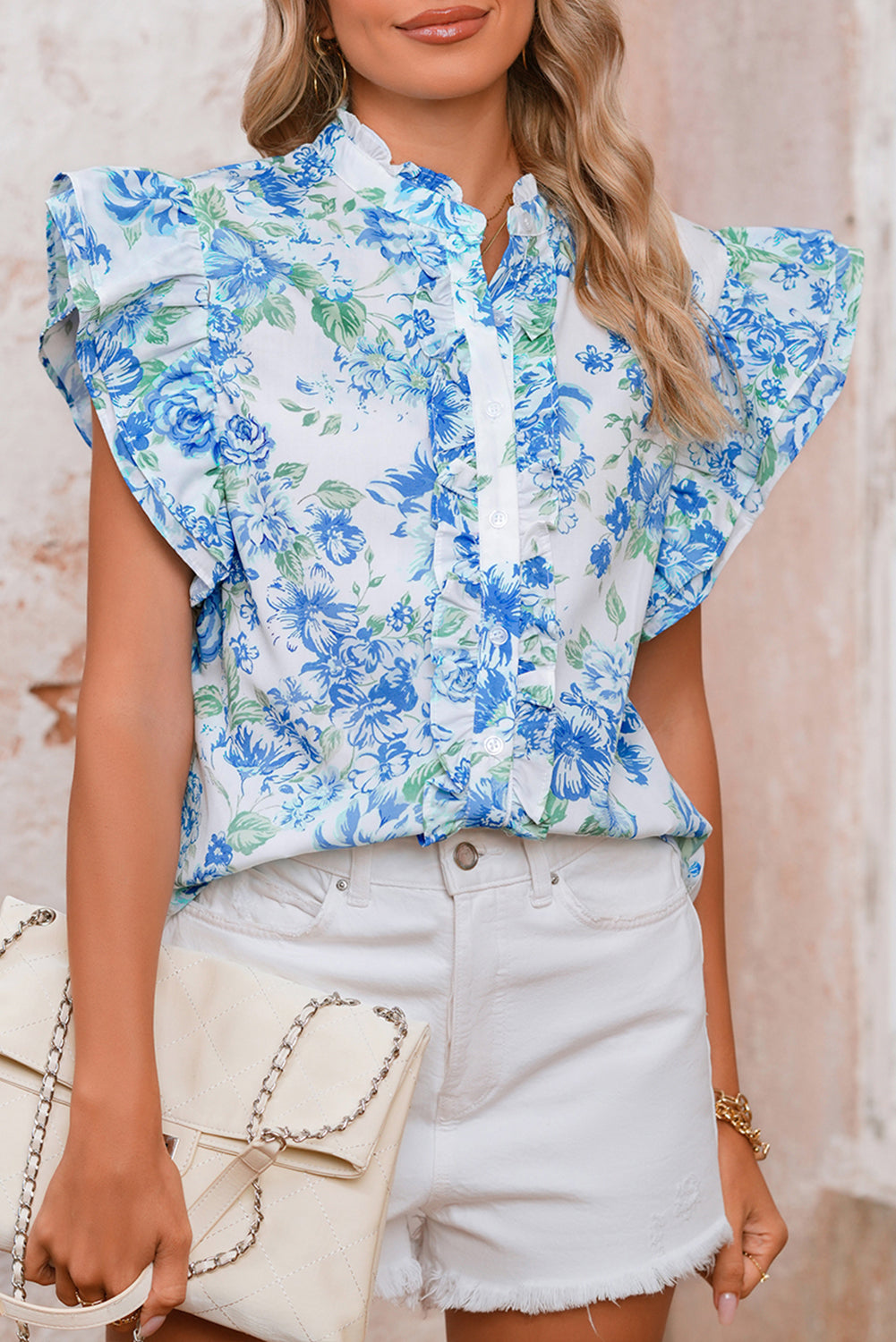 Floral Print Flutter Sleeve Frill Blouse Sky Blue 100%Polyester Shewin Blouses