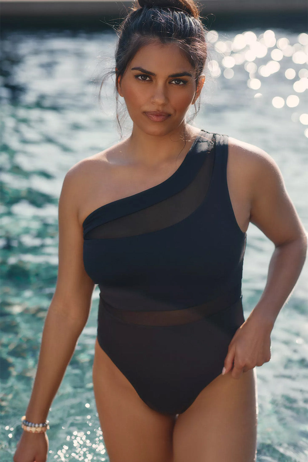 Black Mesh Insert One Shoulder Swimsuit