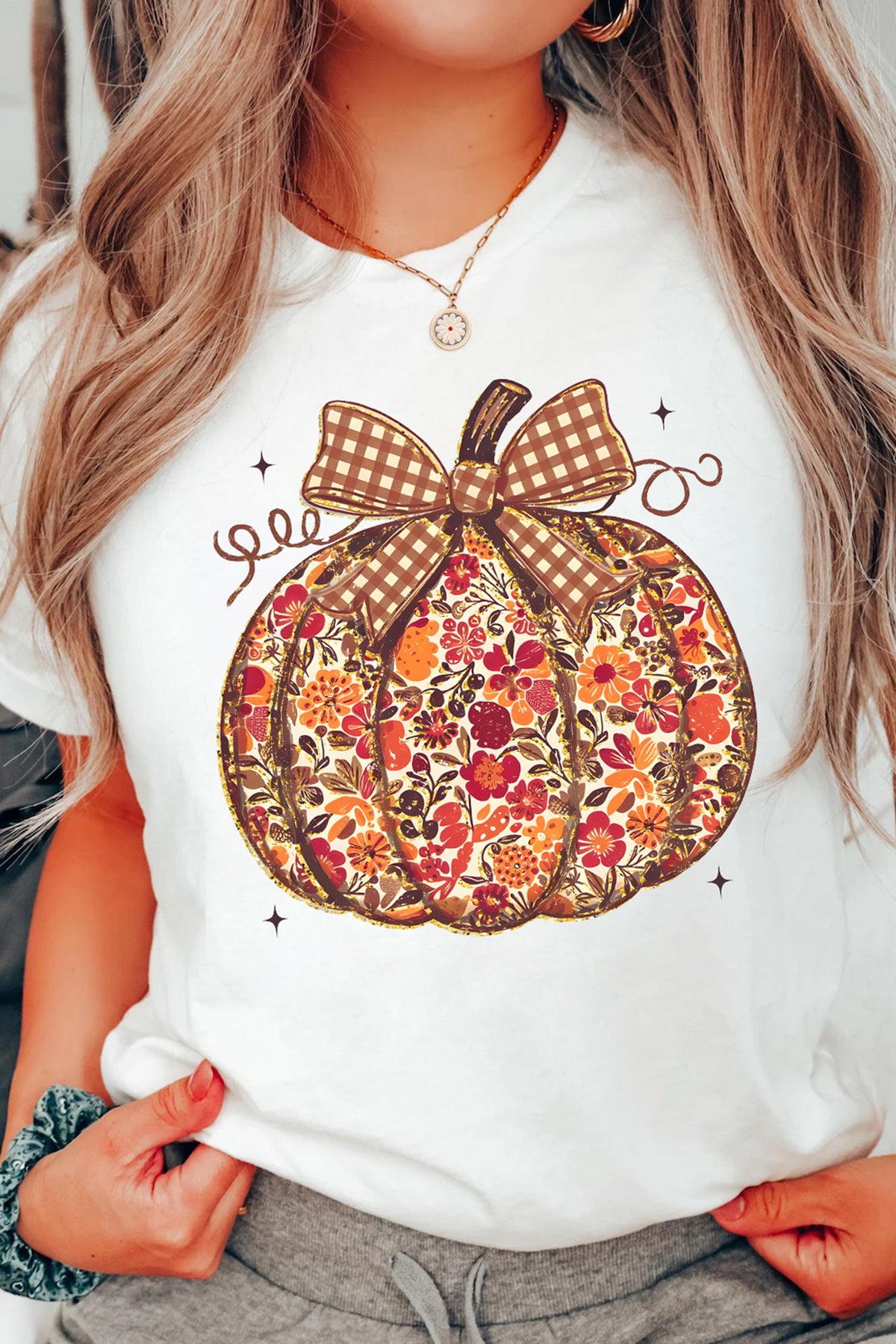 White Floral Pumpkin Gingham Bow Graphic T-Shirt