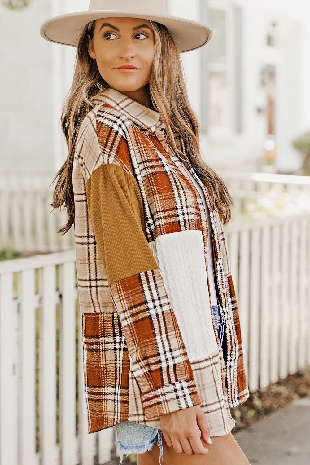 Orange Plaid Color Block Patchwork Shacket with Pocket Bazaare Mart Outerwear/Plaid Shackets
