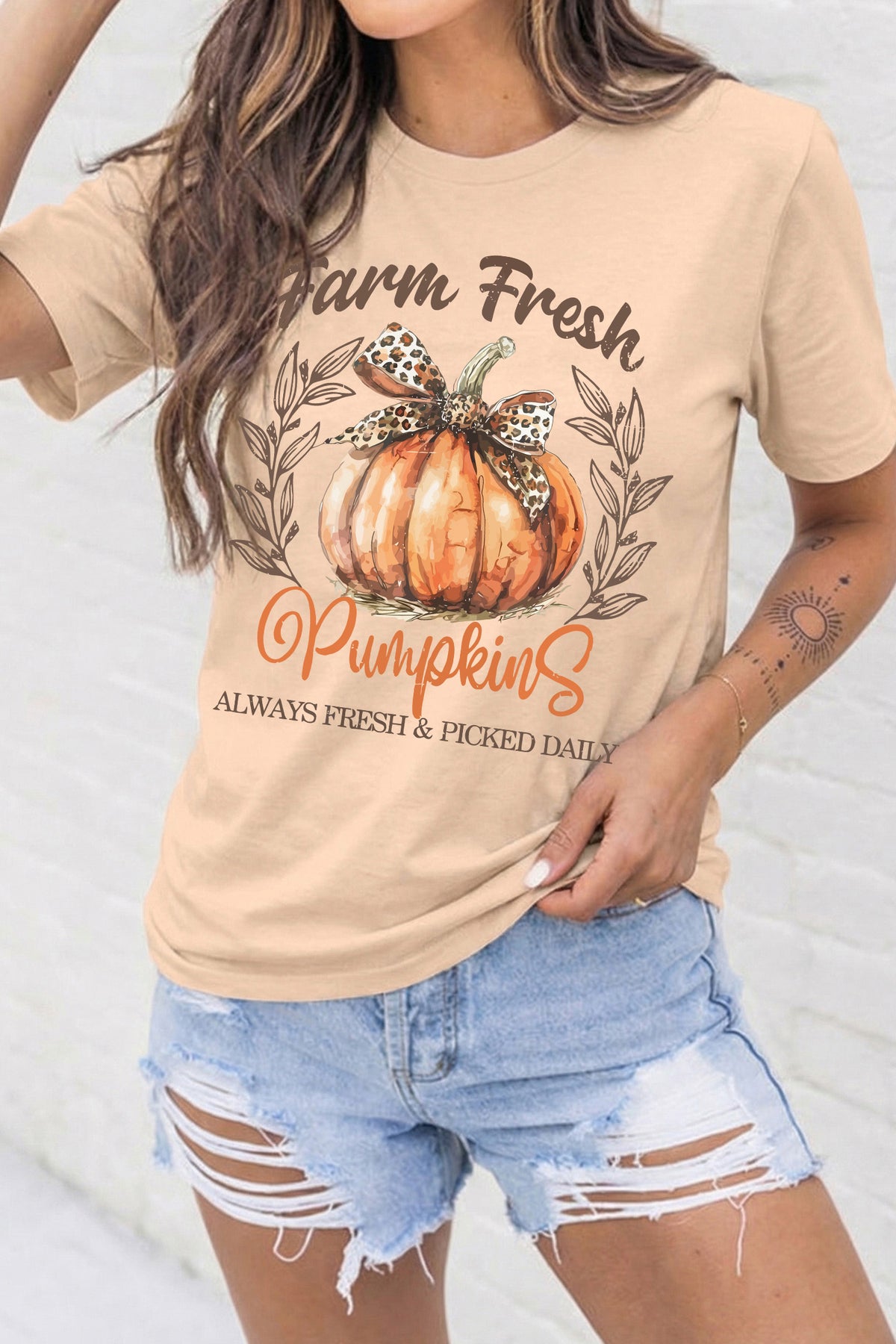 Khaki Farm Fresh Pumpkin Slogan Fall Graphic Tee