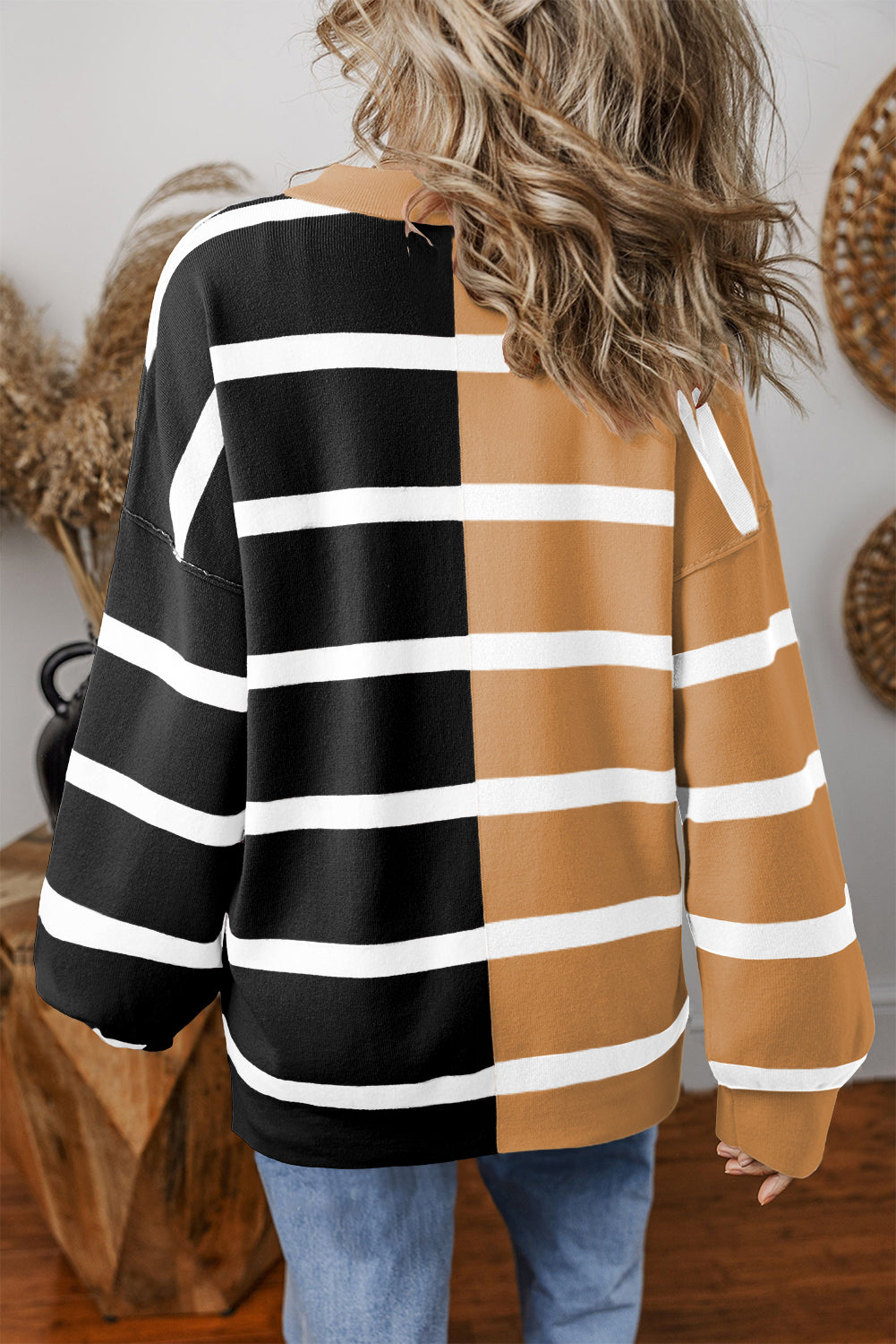Beige Black White Colorblock Oversized Sweater