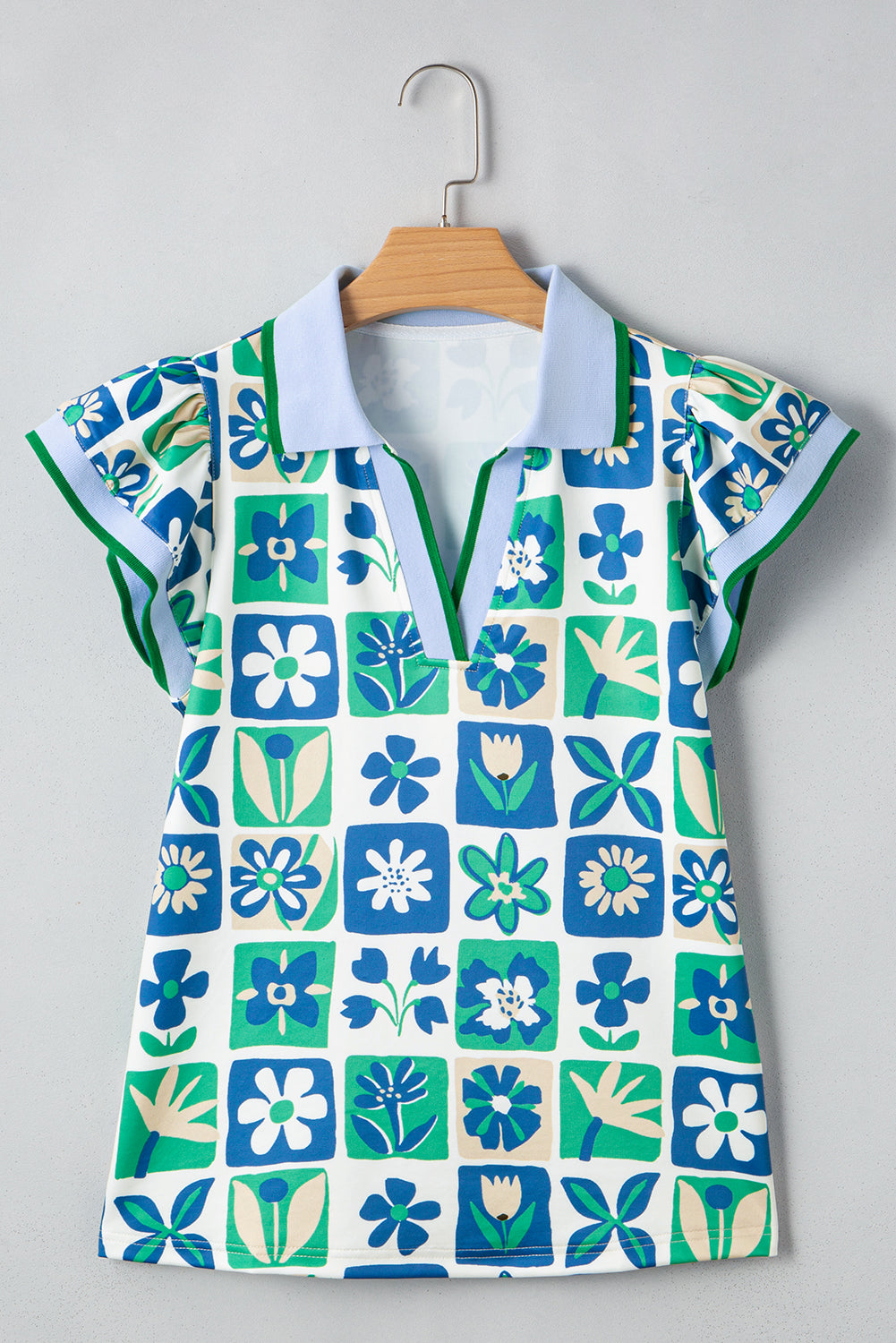 Green Floral Plaid Colorblock Flutter Sleeve Blouse Shewin Blouses