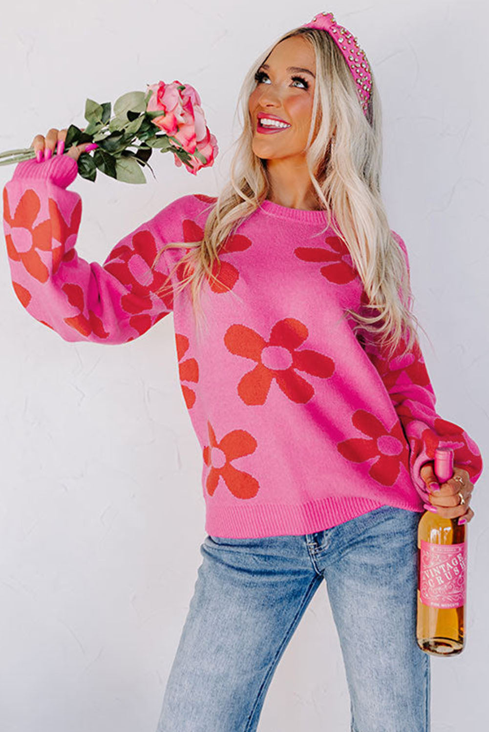 Rose Big Flower Knit Ribbed Trim Sweater