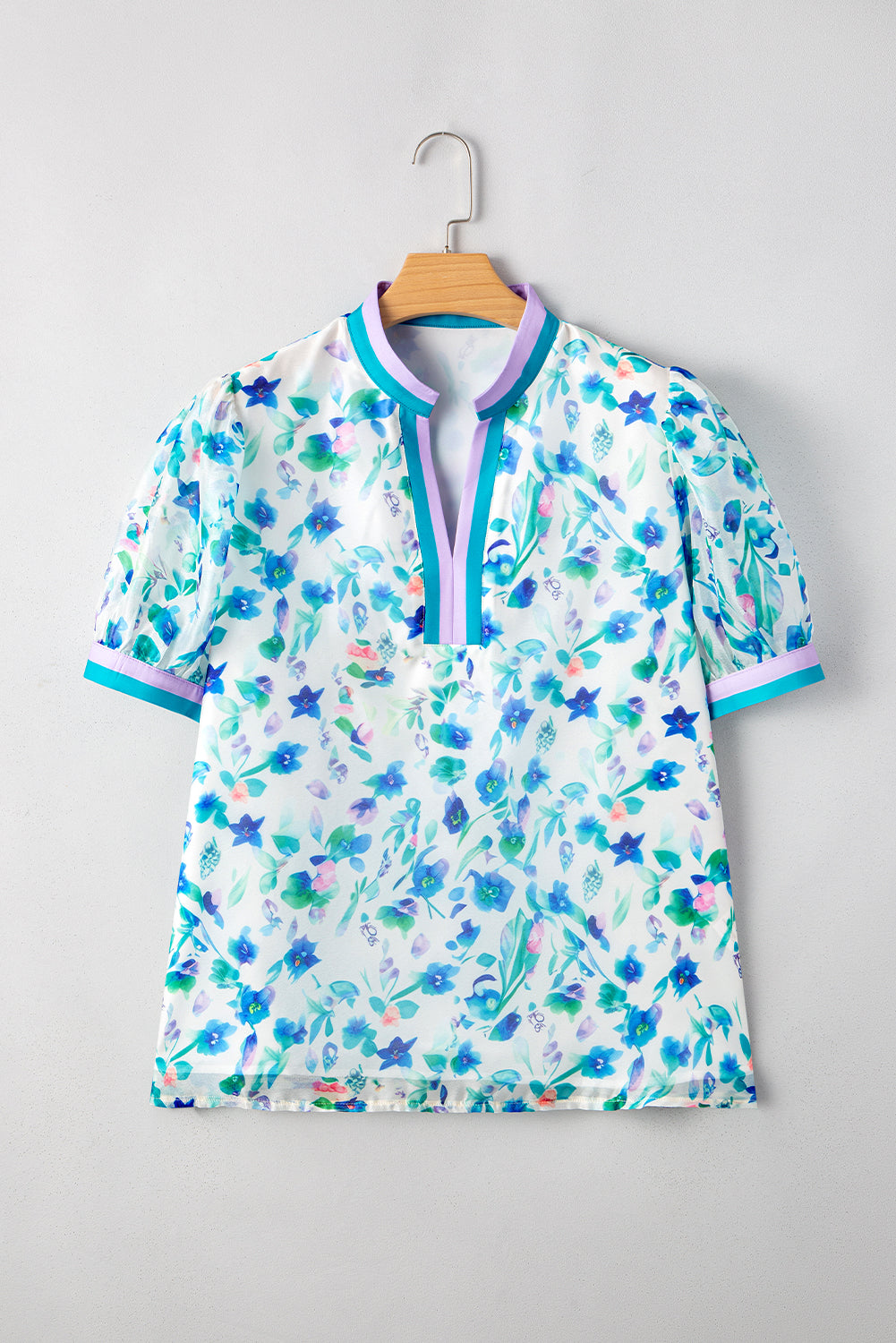 Green Floral Print Colorblock Edge Puff Sleeve Split Neck Plus Size Blouse Bazaare Mart Plus Size/Plus Size Tops/Plus Size Blouses & Shirts