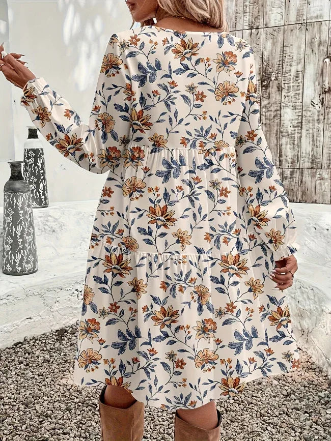 Round Neck Long Sleeve Tiered Empire Dress Bazaare Mart Round Neck Long Sleeve Tiered Empire Dress