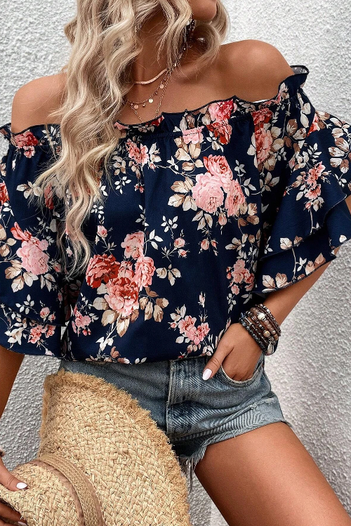 Navy Off-shoulder flounce Rose Top