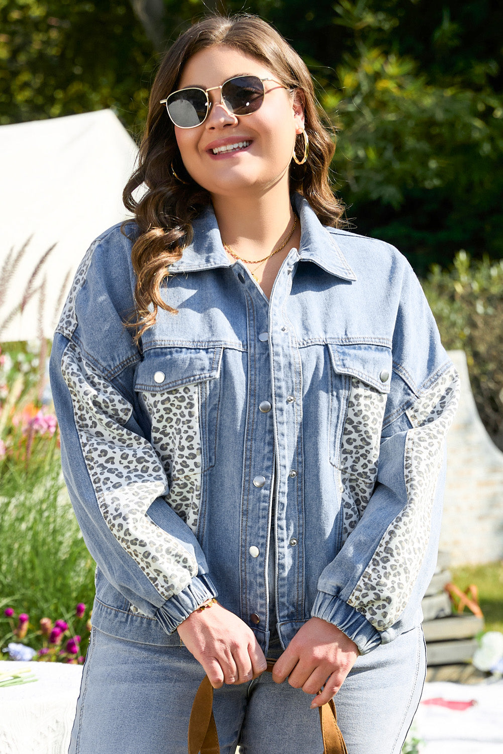 Blue Denim Leopard Patchwork Plus Size Jacket