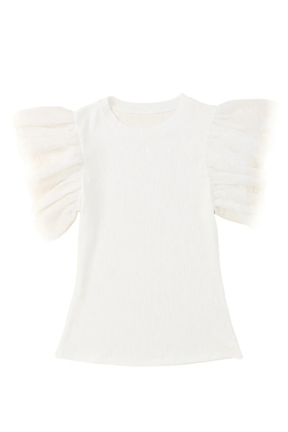 White Dotty Mesh Ruffle Sleeve Ribbed Knit Top Dear-Lover Dropshipping Tops/Tops & Tees