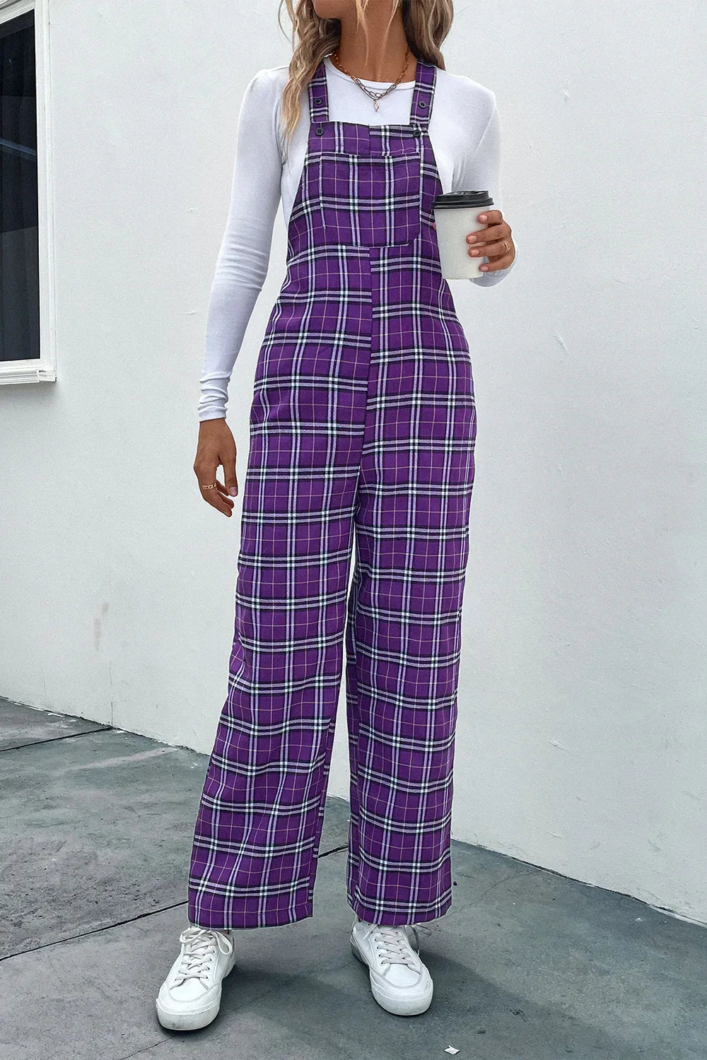 Perfee Plaid Straight Leg Overalls Bazaare Mart Purple Overalls