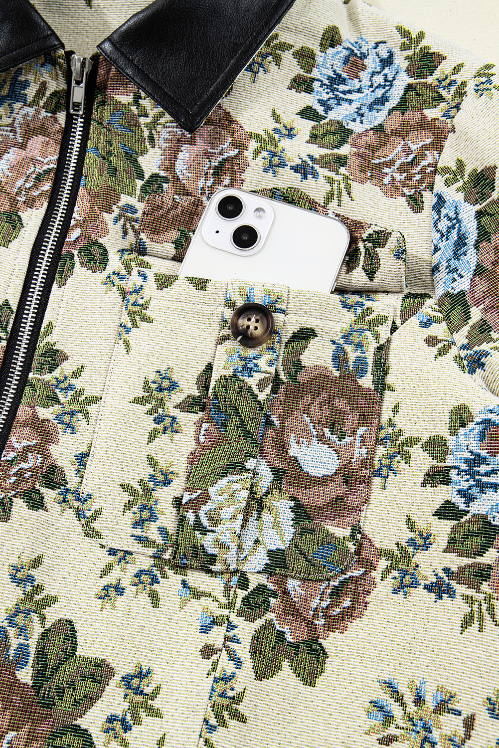 Khaki Floral Zip Up Jacket Shewin Floral Jacket