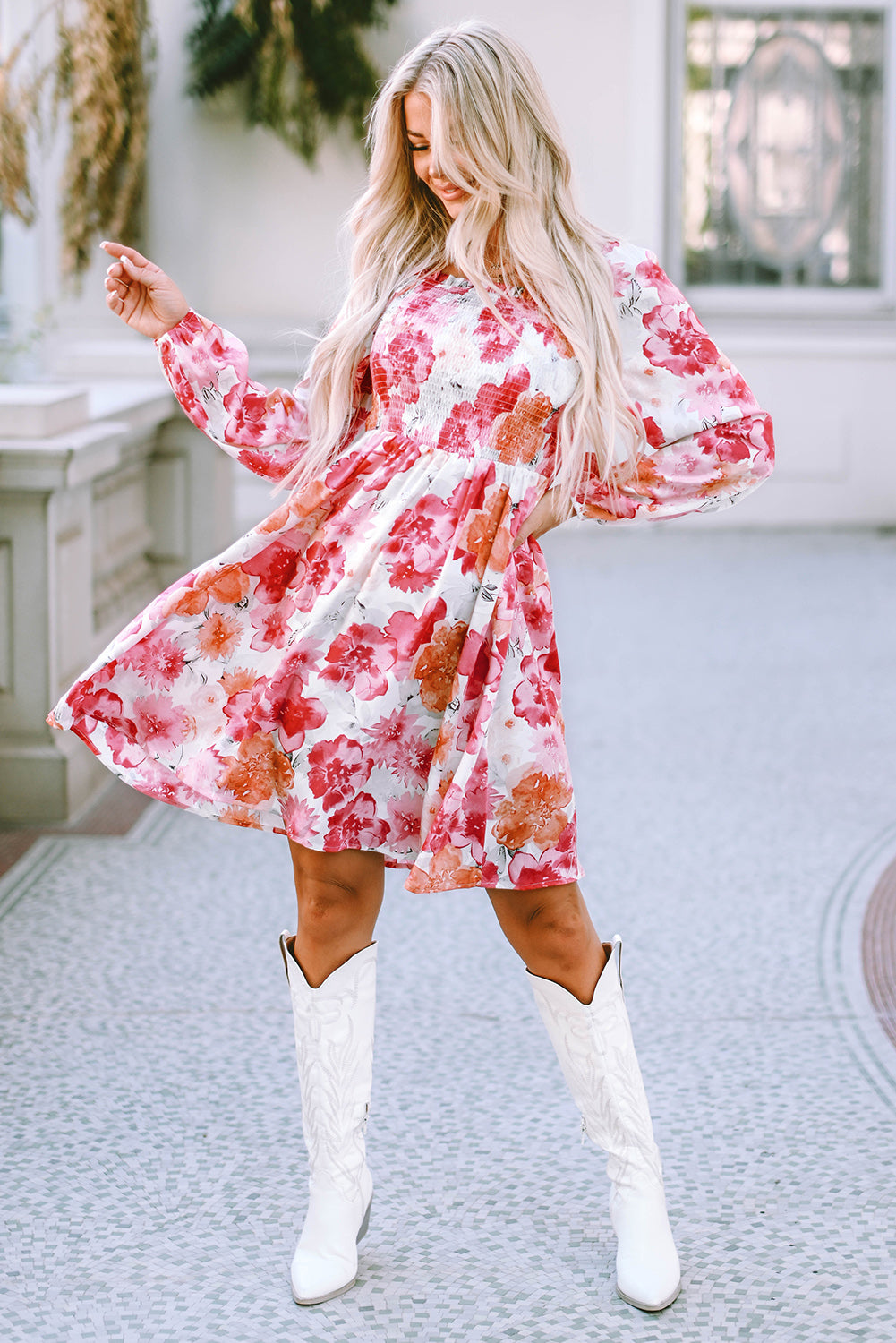 White Floral Print Smocked Long Puff Sleeve Dress