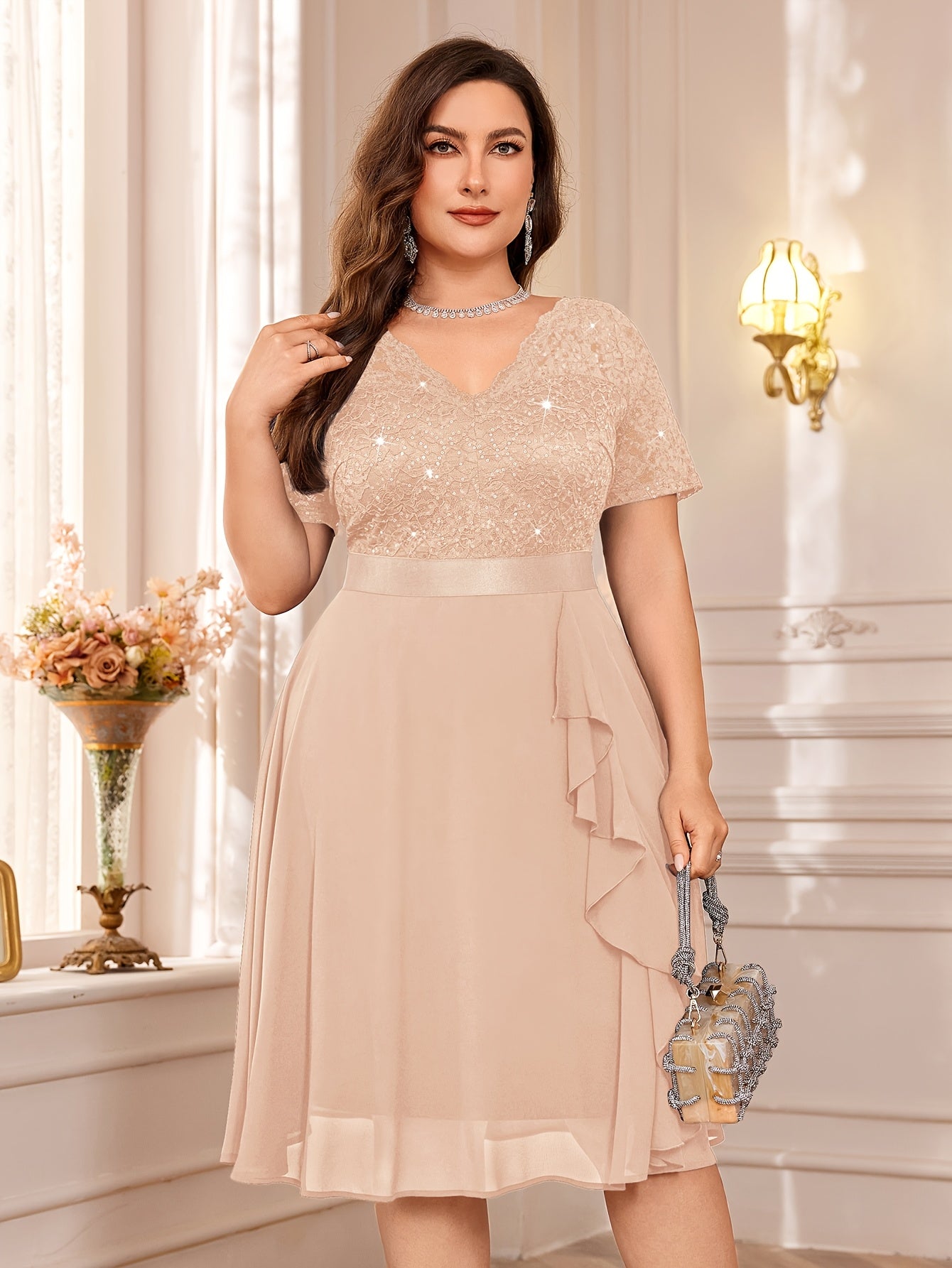 Sequin Lace V-Neck Short Sleeve Chiffon Ruffle Hem Dress