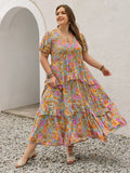 Floral Plus Size V-Neck Short Sleeve Maxi Dress Multicolor Bazaare Mart Plus Size Tiered Floral Midi Dress