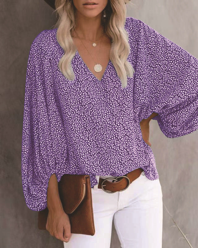 V-Neck Balloon Sleeve Floral Tops