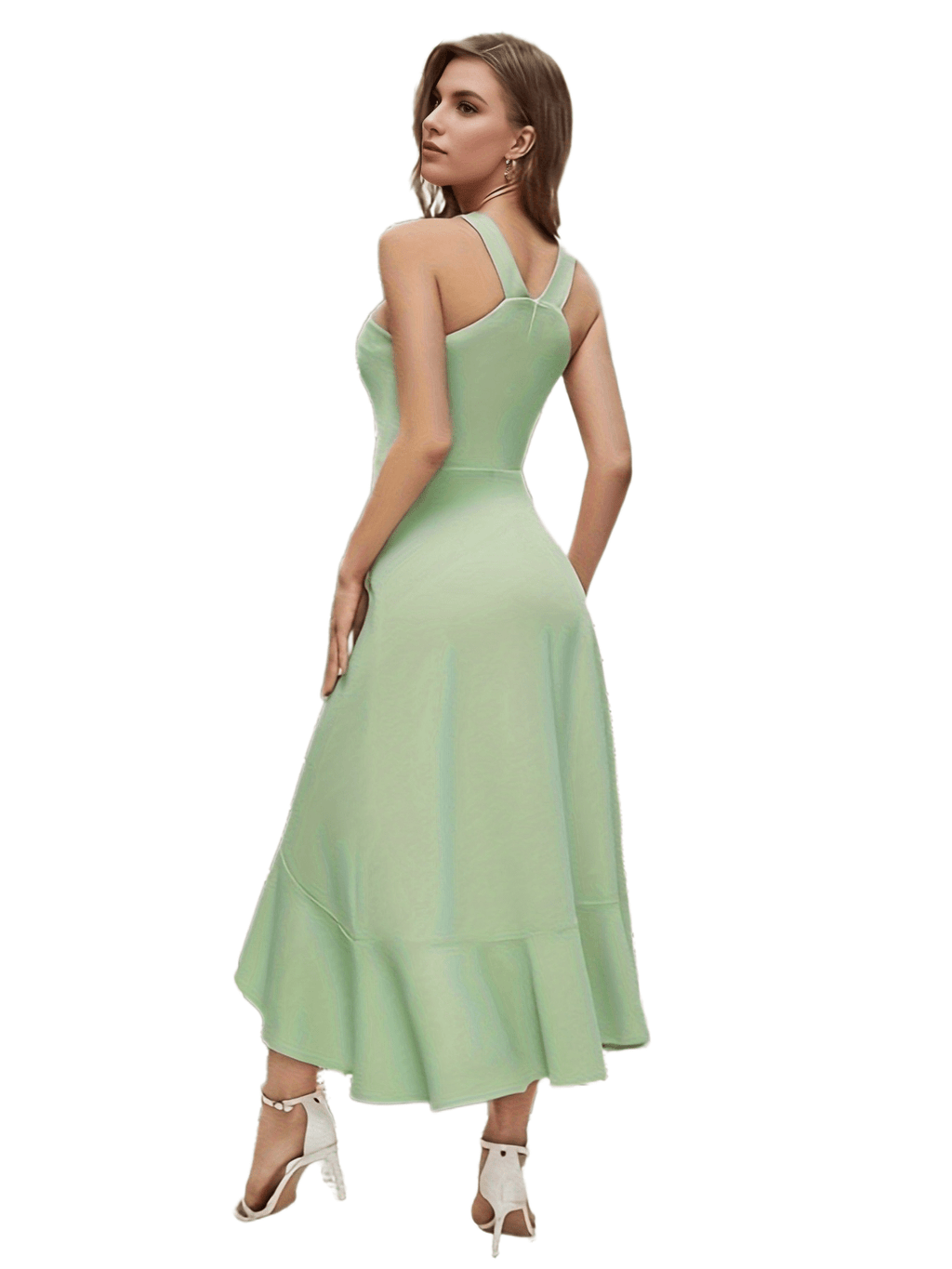 Asymmetric Wrap Ruffle Sleeveless V-Neck Bridesmaid Dress`