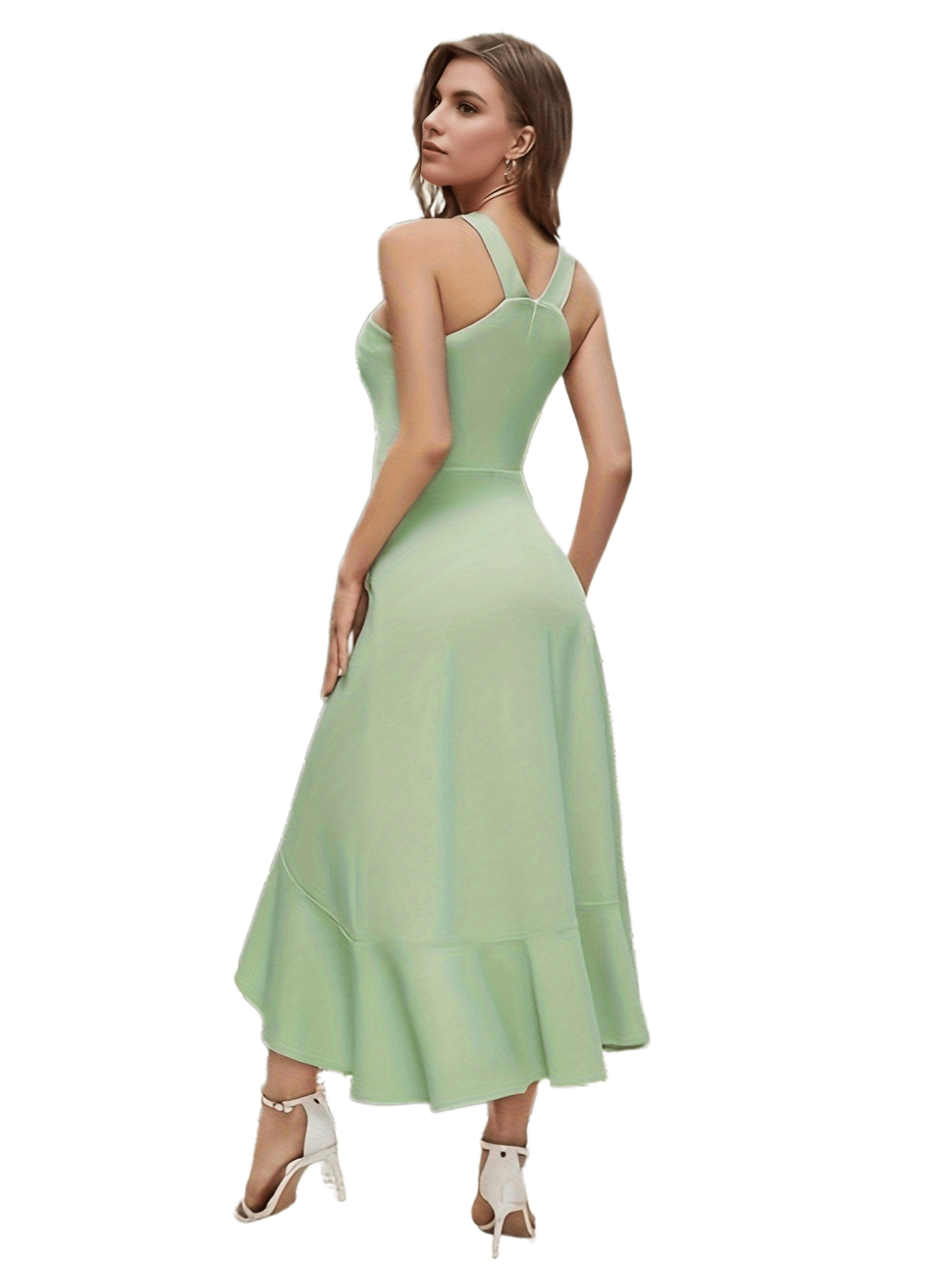 Asymmetric Wrap Ruffle Sleeveless V-Neck Bridesmaid Dress`