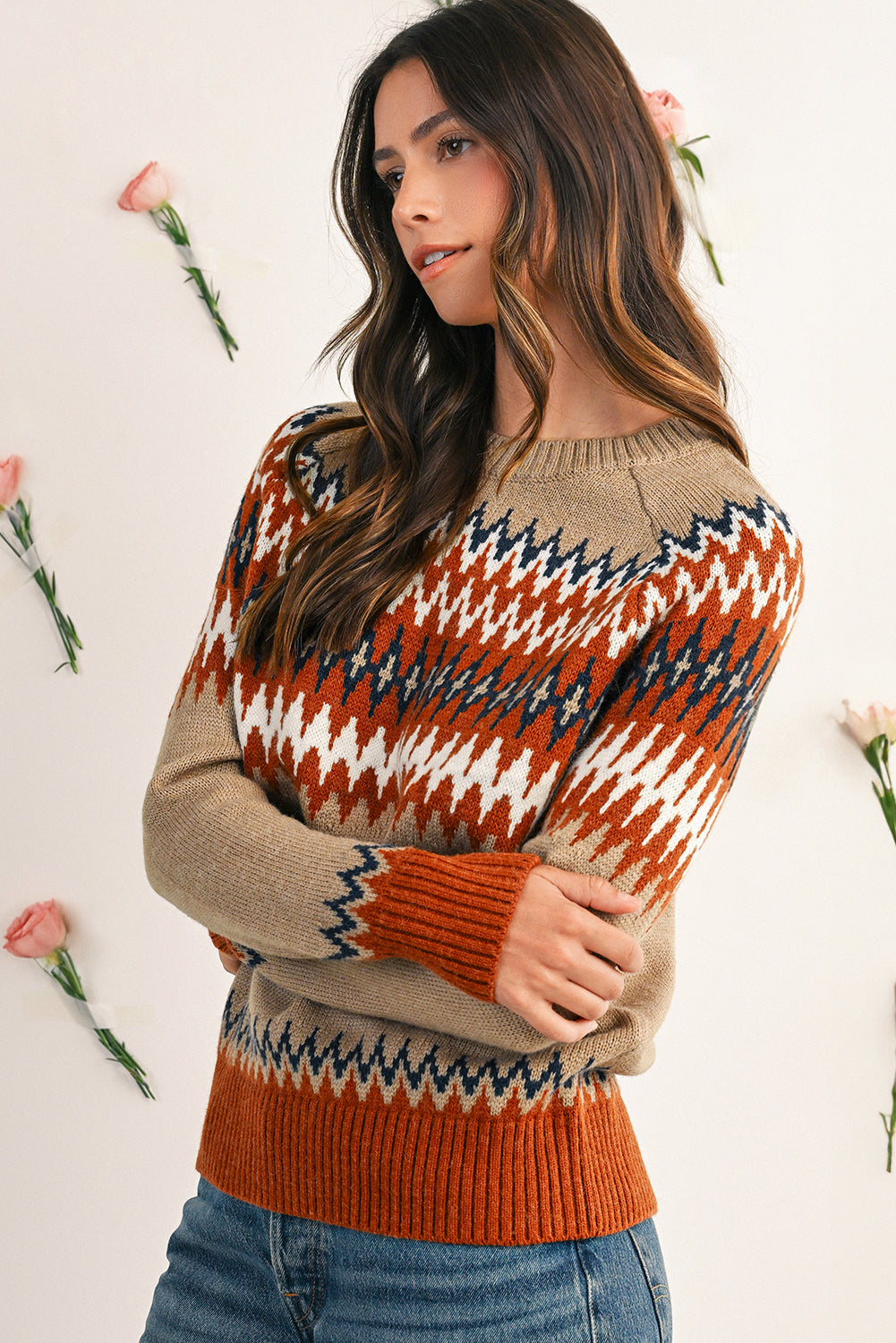Khaki Geo Print Color Block Crew Neck Sweater
