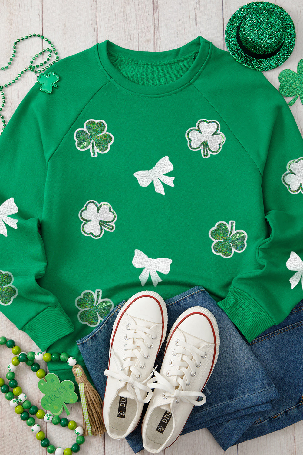 Green Sequin Bow Clover Pullover Sweatshirt