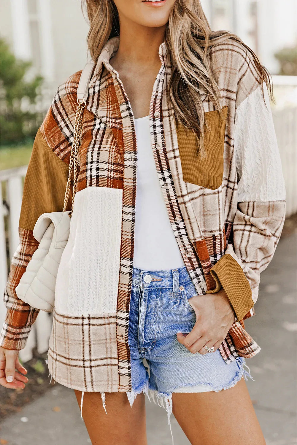 Orange Plaid Color Block Patchwork Shacket with Pocket Bazaare Mart Outerwear/Plaid Shackets